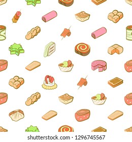 Bakery products and Snacks set. Background for printing, design, web. Usable as icons. Seamless. Colored.