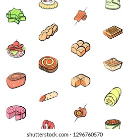 Bakery products and Snacks set. Background for printing, design, web. Usable as icons. Seamless. Colored.