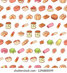 Bakery products and Snacks set. Background for printing, design, web. Usable as icons. Seamless. Colored.