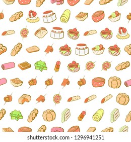 Bakery products and Snacks set. Background for printing, design, web. Usable as icons. Seamless. Colored.