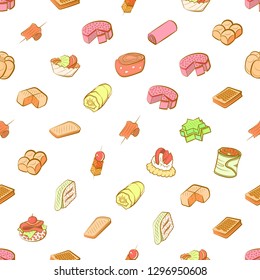 Bakery products and Snacks set. Background for printing, design, web. Usable as icons. Seamless. Colored.