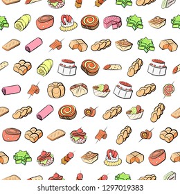 Bakery products and Snacks set. Background for printing, design, web. Usable as icons. Seamless. Colored.