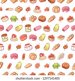 Bakery products and Snacks set. Background for printing, design, web. Usable as icons. Seamless. Colored.