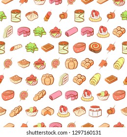 Bakery products and Snacks set. Background for printing, design, web. Usable as icons. Seamless. Colored.