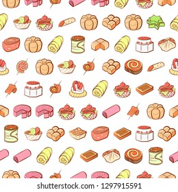 Bakery products and Snacks set. Background for printing, design, web. Usable as icons. Seamless. Colored.