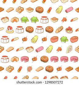 Bakery products and Snacks set. Background for printing, design, web. Usable as icons. Seamless. Colored.