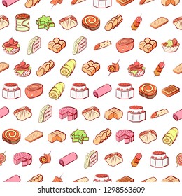 Bakery products and Snacks set. Background for printing, design, web. Usable as icons. Seamless. Colored.