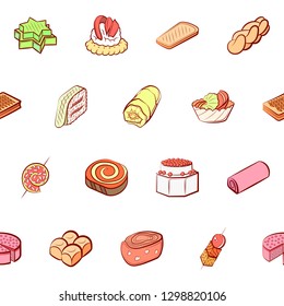 Bakery products and Snacks set. Background for printing, design, web. Usable as icons. Seamless. Colored.