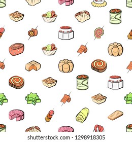 Bakery products and Snacks set. Background for printing, design, web. Usable as icons. Seamless. Colored.