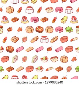 Bakery products and Snacks set. Background for printing, design, web. Usable as icons. Seamless. Colored.