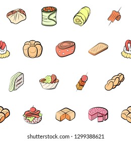 Bakery products and Snacks set. Background for printing, design, web. Usable as icons. Seamless. Colored.