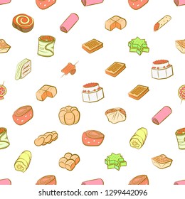 Bakery products and Snacks set. Background for printing, design, web. Usable as icons. Seamless. Colored.