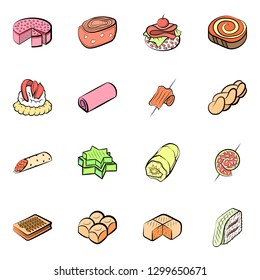 Bakery products and Snacks set. Background for printing, design, web. Usable as icons. Colored.