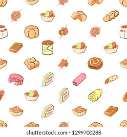 Bakery products and Snacks set. Background for printing, design, web. Usable as icons. Seamless. Colored.