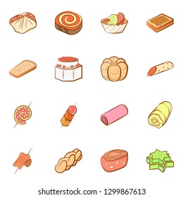 Bakery products and Snacks set. Background for printing, design, web. Usable as icons. Colored.