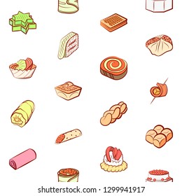 Bakery products and Snacks set. Background for printing, design, web. Usable as icons. Seamless. Colored.