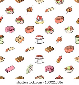 Bakery products and Snacks set. Background for printing, design, web. Usable as icons. Seamless. Colored.