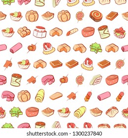 Bakery products and Snacks set. Background for printing, design, web. Usable as icons. Seamless. Colored.