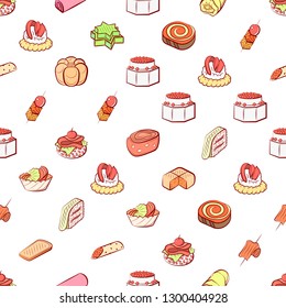 Bakery products and Snacks set. Background for printing, design, web. Usable as icons. Seamless. Colored.