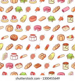 Bakery products and Snacks set. Background for printing, design, web. Usable as icons. Seamless. Colored.