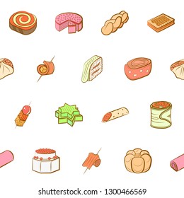 Bakery products and Snacks set. Background for printing, design, web. Usable as icons. Seamless. Colored.