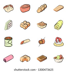 Bakery products and Snacks set. Background for printing, design, web. Usable as icons. Colored.