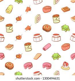 Bakery products and Snacks set. Background for printing, design, web. Usable as icons. Seamless. Colored.