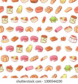 Bakery products and Snacks set. Background for printing, design, web. Usable as icons. Seamless. Colored.