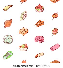 Bakery products, Snacks and Vegetables set. Background for printing, design, web. Usable as icons. Seamless. Colored.