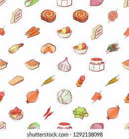 Bakery products, Snacks and Vegetables set. Background for printing, design, web. Usable as icons. Seamless. Colored.