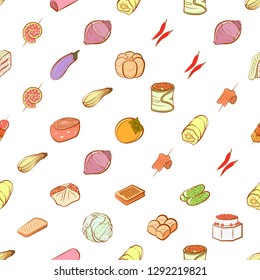 Bakery products, Snacks and Vegetables set. Background for printing, design, web. Usable as icons. Seamless. Colored.