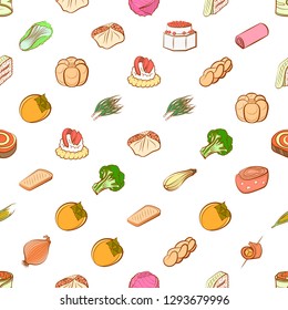 Bakery products, Snacks and Vegetables set. Background for printing, design, web. Usable as icons. Seamless. Colored.