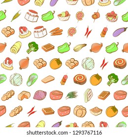 Bakery products, Snacks and Vegetables set. Background for printing, design, web. Usable as icons. Seamless. Colored.