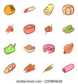 Bakery products, Snacks and Vegetables set. Background for printing, design, web. Usable as icons. Colored.