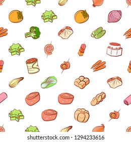 Bakery products, Snacks and Vegetables set. Background for printing, design, web. Usable as icons. Seamless. Colored.