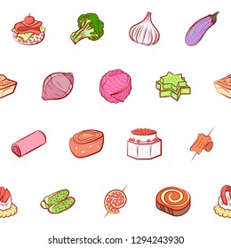 Bakery products, Snacks and Vegetables set. Background for printing, design, web. Usable as icons. Seamless. Colored.