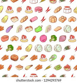 Bakery products, Snacks and Vegetables set. Background for printing, design, web. Usable as icons. Seamless. Colored.