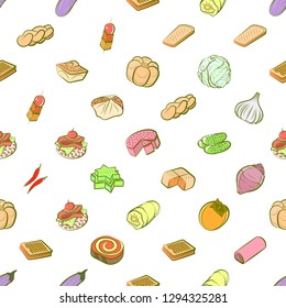 Bakery products, Snacks and Vegetables set. Background for printing, design, web. Usable as icons. Seamless. Colored.