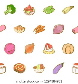 Bakery products, Snacks and Vegetables set. Background for printing, design, web. Usable as icons. Seamless. Colored.