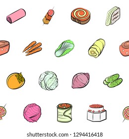 Bakery products, Snacks and Vegetables set. Background for printing, design, web. Usable as icons. Seamless. Colored.