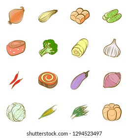 Bakery products, Snacks and Vegetables set. Background for printing, design, web. Usable as icons. Colored.