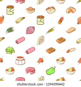 Bakery products, Snacks and Vegetables set. Background for printing, design, web. Usable as icons. Seamless. Colored.