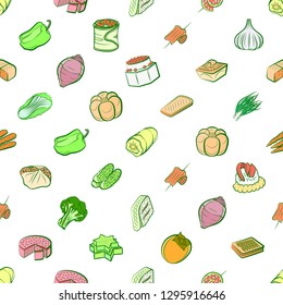 Bakery products, Snacks and Vegetables set. Background for printing, design, web. Usable as icons. Seamless. Colored.