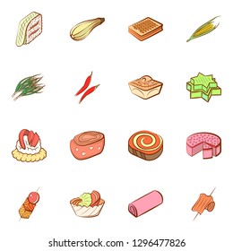 Bakery products, Snacks and Vegetables set. Background for printing, design, web. Usable as icons. Colored.