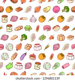 Bakery products, Snacks and Vegetables set. Background for printing, design, web. Usable as icons. Seamless. Colored.