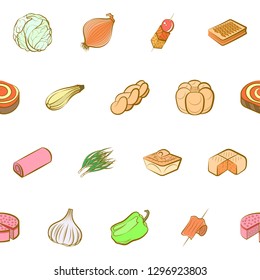 Bakery products, Snacks and Vegetables set. Background for printing, design, web. Usable as icons. Seamless. Colored.