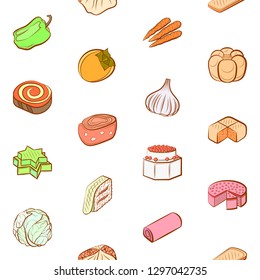 Bakery products, Snacks and Vegetables set. Background for printing, design, web. Usable as icons. Seamless. Colored.