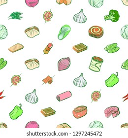 Bakery products, Snacks and Vegetables set. Background for printing, design, web. Usable as icons. Seamless. Colored.