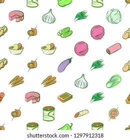 Bakery products, Snacks and Vegetables set. Background for printing, design, web. Usable as icons. Seamless. Colored.