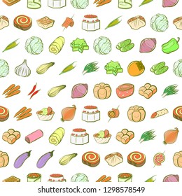 Bakery products, Snacks and Vegetables set. Background for printing, design, web. Usable as icons. Seamless. Colored.